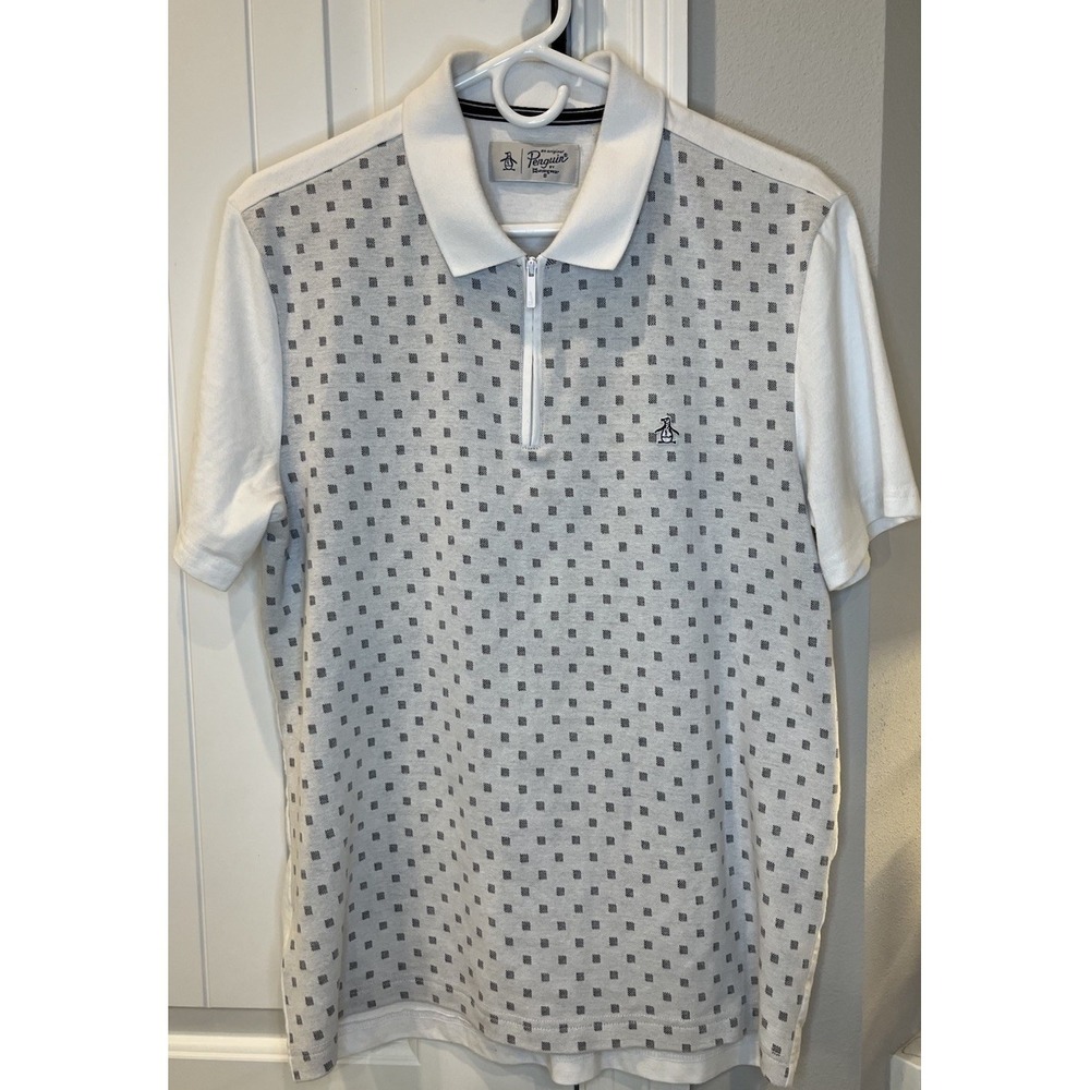 Original Penguin Mens Medium White Gray Geometric Golf Polo Short Sleeve Shirt